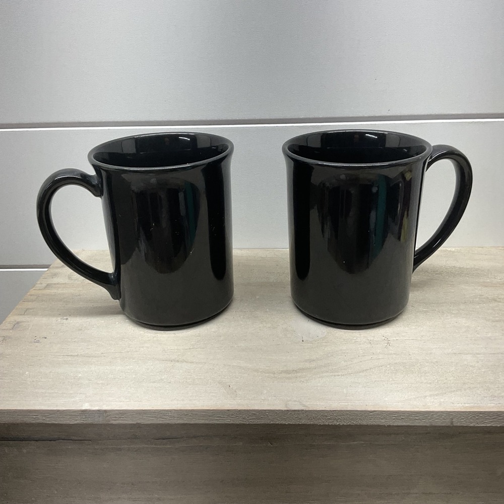 Corning NY USA Black Ceramic Coffee Mugs Set of 2 Microwave Safe Glossy Finish